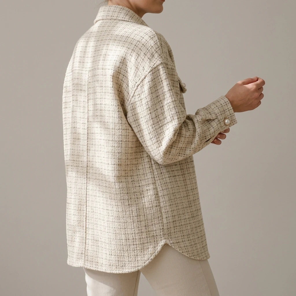 Women Blazer Tweed Shirts Plaid Oversized Jacket Casual Button Up Jacket Ladies Long Sleeve Women Casual Blazer Tops Beige Shirt — lifestyle_lead
