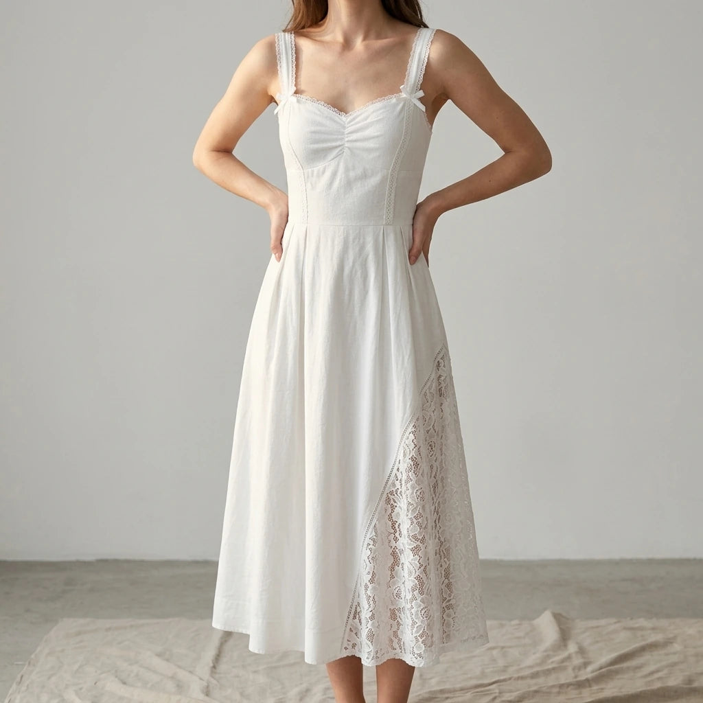 Shirred Sheath Midi Dress for Women Beach Vacation Wear Sleeveless Lace Splicing Textured Cotton White Summer Spring — lifestyle