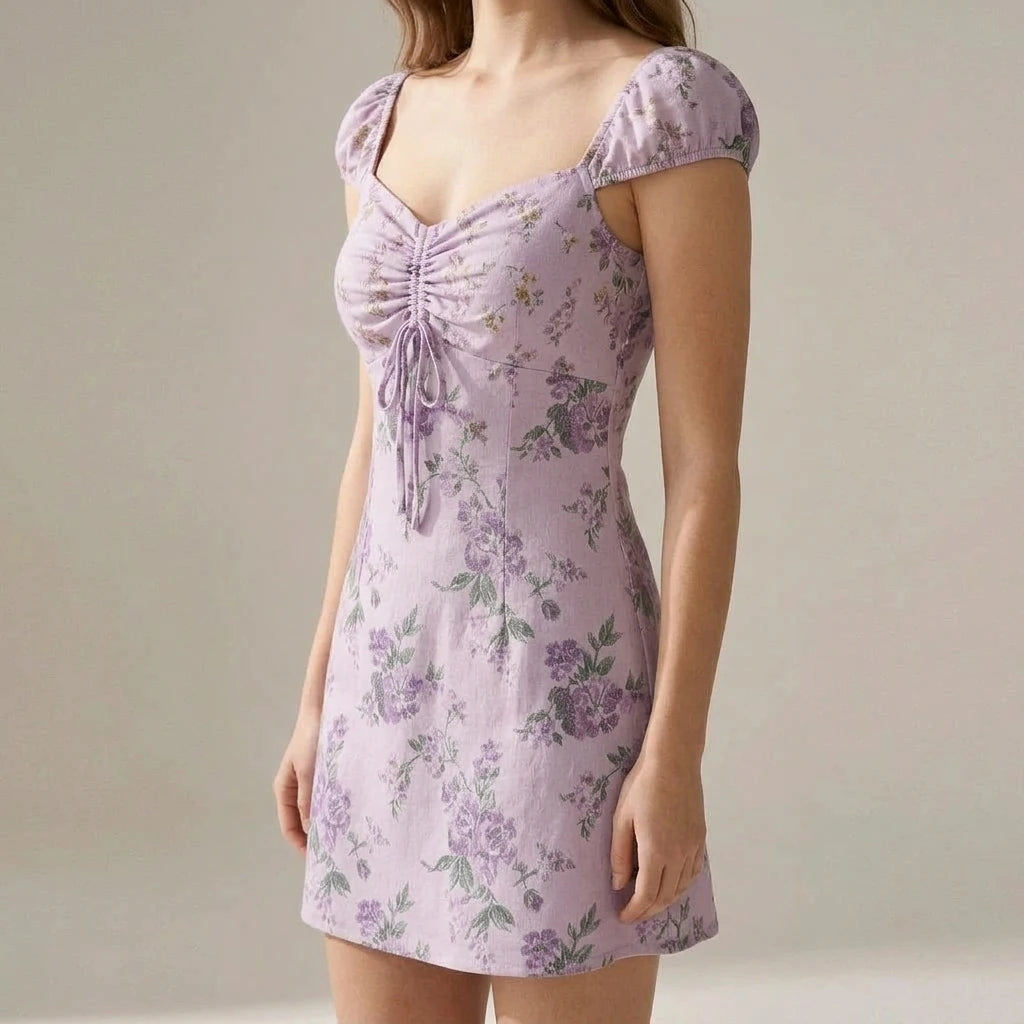 Elegant Ruched Floral Skater Mini Dress Women’s A-Line Sweetheart Neck Short Sleeve Daily Brunch Summer Purple Polyester — lifestyle