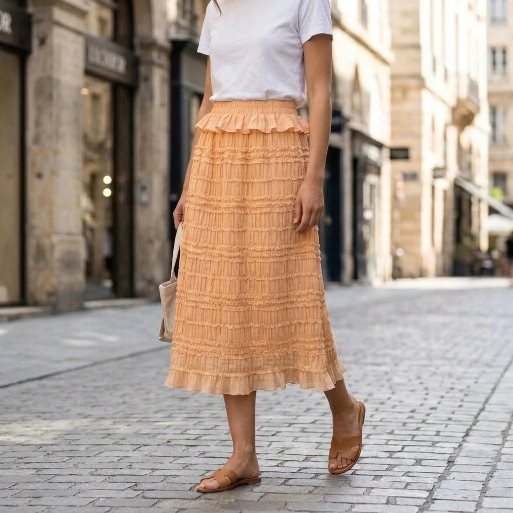 Elegant A-Line Midi Skirt for Women Shirred High Waist Elastic Waistband Workwear Daily Office Summer Spring Apricot Solid Polyester Medium Stretch — lifestyle