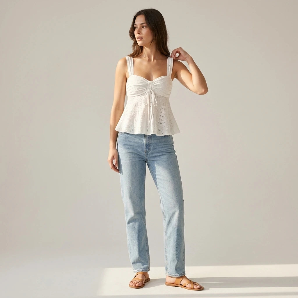 Women White Eyelet Lace Cami Top Casual Ruched Tie Front Peplum Camisole Top — lifestyle