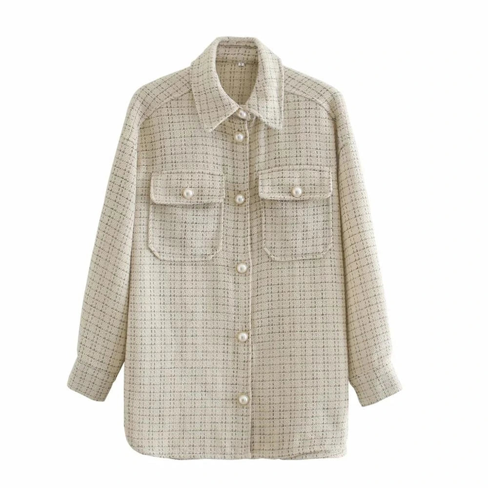 Women Blazer Tweed Shirts Plaid Oversized Jacket Casual Button Up Jacket Ladies Long Sleeve Women Casual Blazer Tops Beige Shirt — variant_front