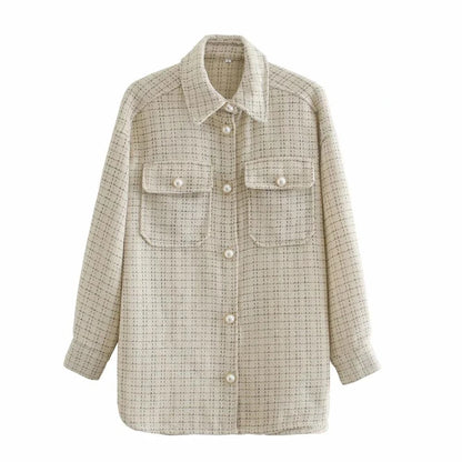 Women Blazer Tweed Shirts Plaid Oversized Jacket Casual Button Up Jacket Ladies Long Sleeve Women Casual Blazer Tops Beige Shirt — variant_front