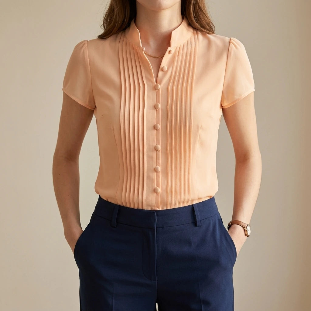 Elegant Ruched Cut Out Blouse Women's Mock Neck Cap Sleeve Chic Daily Office Casual Summer Top Apricot Solid Polyester Hip Length — lifestyle