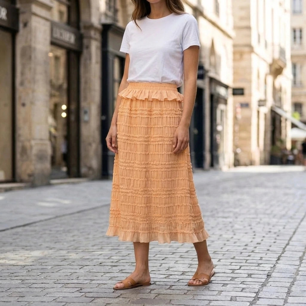 Elegant A-Line Midi Skirt for Women Shirred High Waist Elastic Waistband Workwear Daily Office Summer Spring Apricot Solid Polyester Medium Stretch — lifestyle_lead