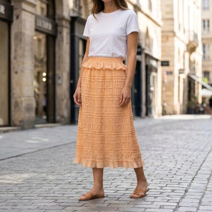 Elegant A-Line Midi Skirt for Women Shirred High Waist Elastic Waistband Workwear Daily Office Summer Spring Apricot Solid Polyester Medium Stretch — lifestyle_lead