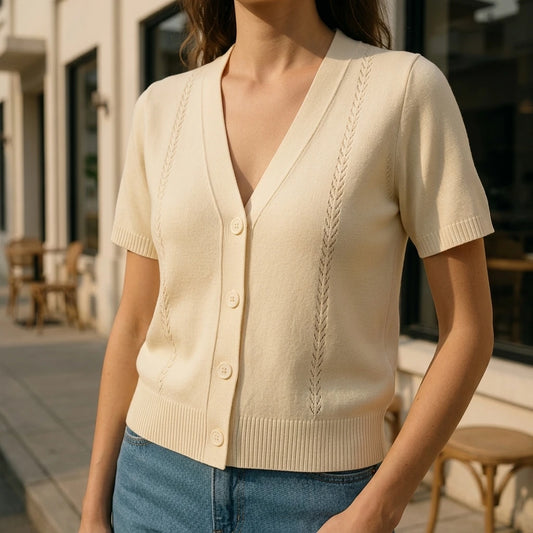 Chic Textured Cardigan Women's Casual Daily Button-Up Top High Stretch Short Sleeve Hip Length Apricot Polyester Spring Summer — lifestyle_lead