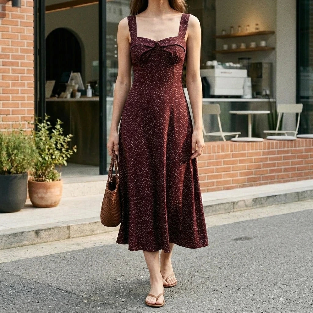 Elegant Wine Red Slip Midi Dress Women’s A-Line Sleeveless Natural Waist Daily Wear Summer Spring Geometric Polyester — lifestyle