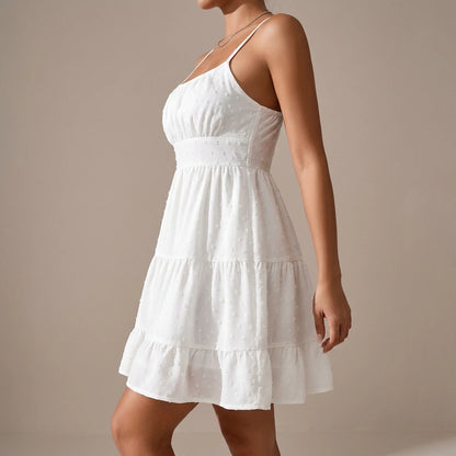 Clothing  Swiss Dot Print Strap Dress for Women Summer Casual Fit Bodycon Mini Dress — lifestyle
