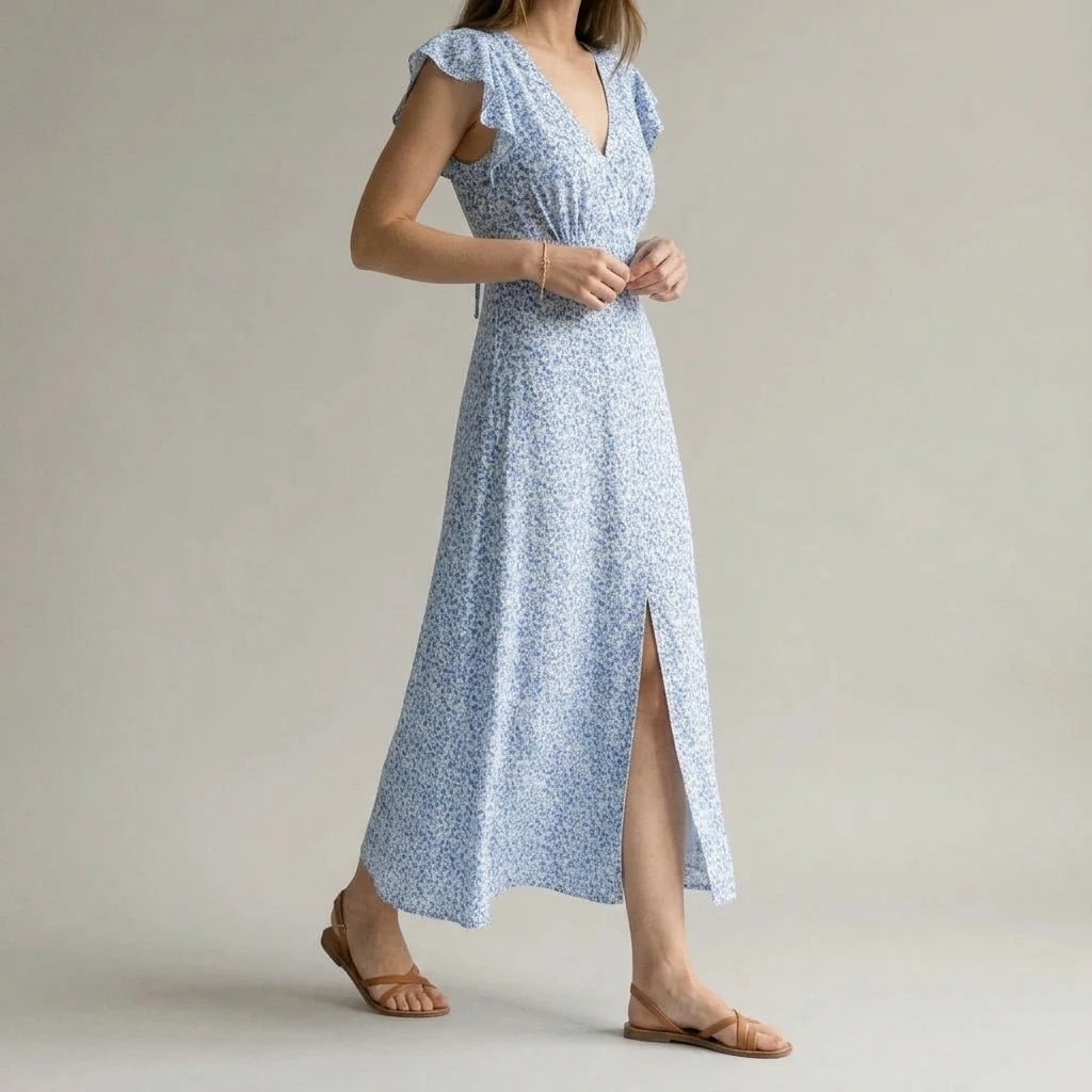 Stylish Floral V Neck Maxi Dress for Women, A-Line, Short Sleeve, Casual Daily Summer Wear, Medium Stretch Polyester, Blue — lifestyle_lead
