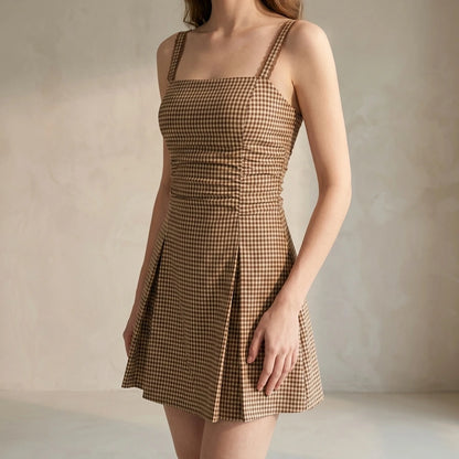 Elegant Ruched Plaid Mini Dress for Women, A-Line Slip, Square Neck, Lace Trim, Sleeveless, Cotton, Daily Summer Occasion, Brown — lifestyle