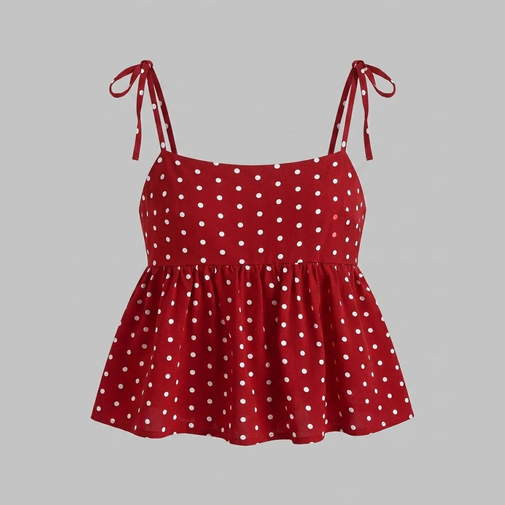 Women's Polka Dot Crop Cami With Spaghetti Straps And Flared Hem Polka Dot Camisole Babydoll Top Babydoll Tops Polkadot Top Cute — variant_front