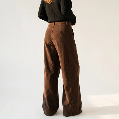 Corduroy Casual Pants for Women, Pleated Design Straight Leg Trousers — lifestyle