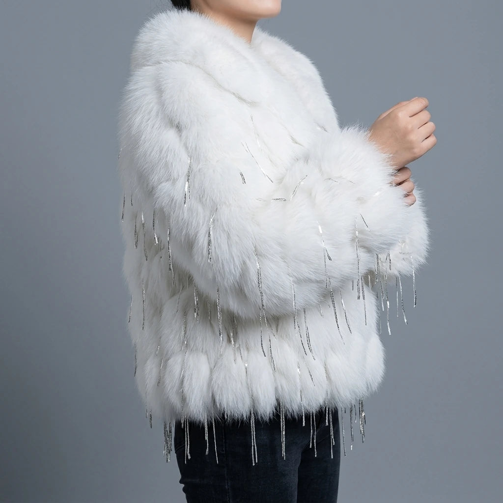 Fox fur coat women's fur car stripe tassel short V-neck — lifestyle