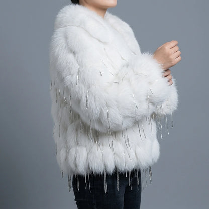 Fox fur coat women's fur car stripe tassel short V-neck — lifestyle