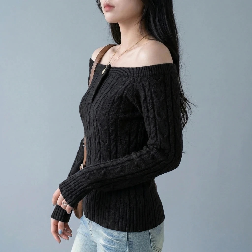 Chunky Knit Off-Shoulder Grey Sweater Top for Women, Long Sleeve, Short Length — variant_front
