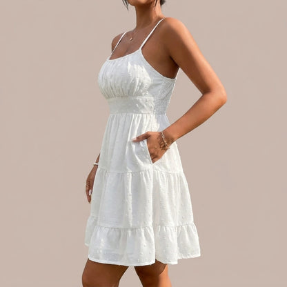 Clothing  Swiss Dot Print Strap Dress for Women Summer Casual Fit Bodycon Mini Dress — lifestyle