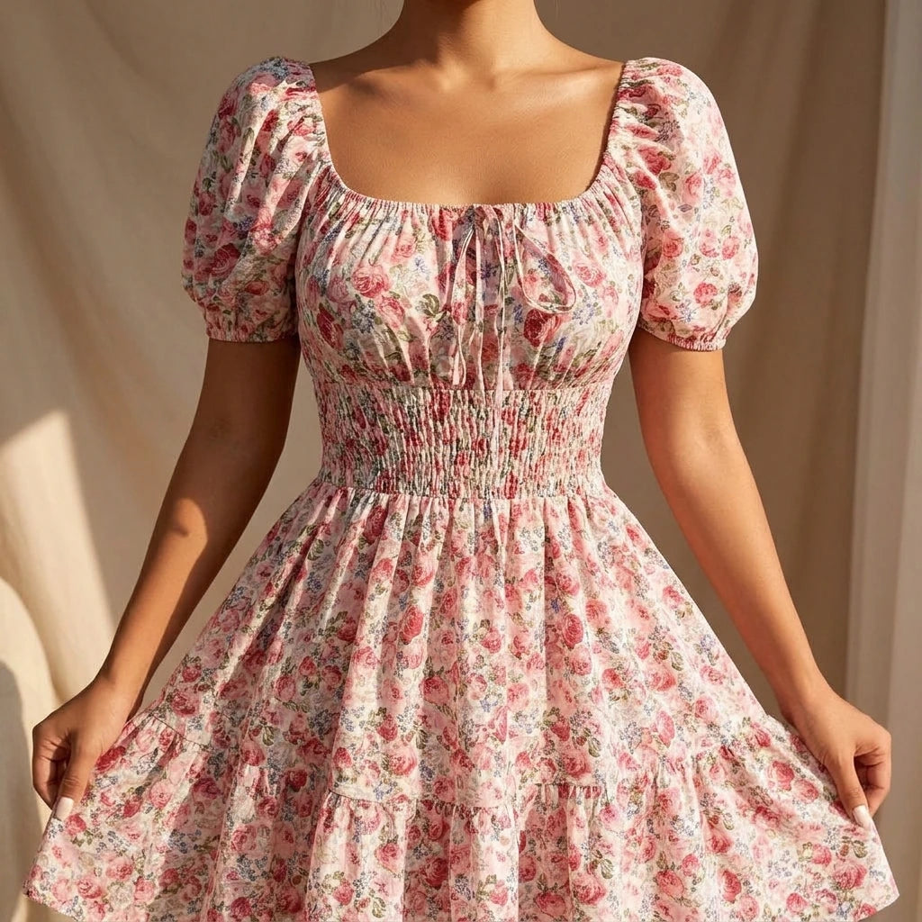 Pink Floral Slim Fit Camisole Midi Dress, Square Neck Sleeveless, Casual Polyester, Summer — lifestyle_lead
