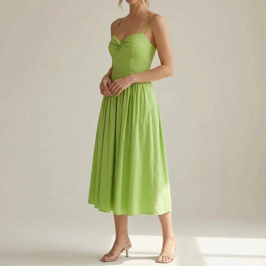Elegant Green Pleated Slip Midi Dress Women's A-Line Sleeveless Sweetheart Neck Daily Wear Semi-Formal Summer Natural Waisted Polyester — lifestyle_lead