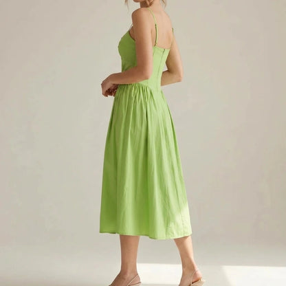 Elegant Green Pleated Slip Midi Dress Women's A-Line Sleeveless Sweetheart Neck Daily Wear Semi-Formal Summer Natural Waisted Polyester — lifestyle