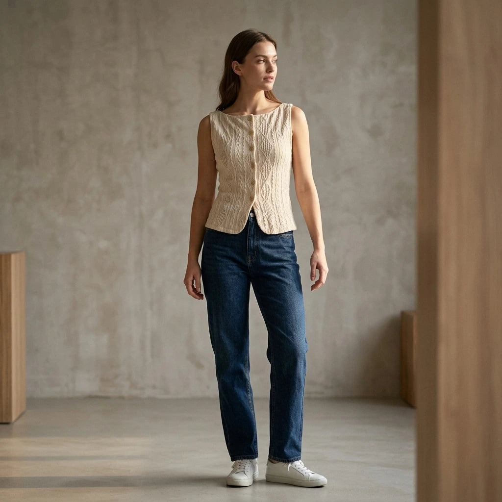 Natural lifestyle image of a model wearing beige-boat-neck-button-tank-top