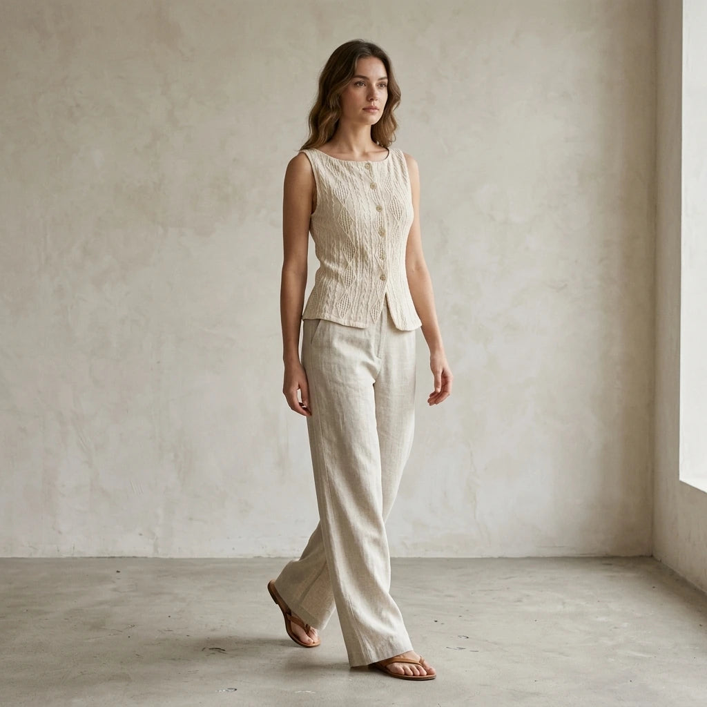 Second natural lifestyle image of a model wearing beige-boat-neck-button-tank-top