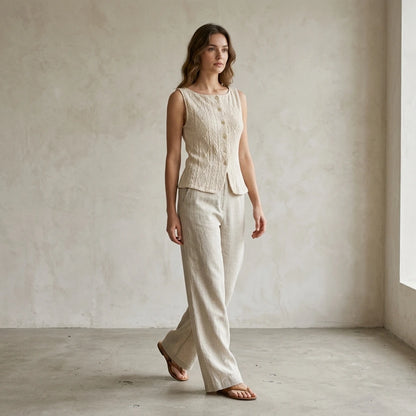 Second natural lifestyle image of a model wearing beige-boat-neck-button-tank-top