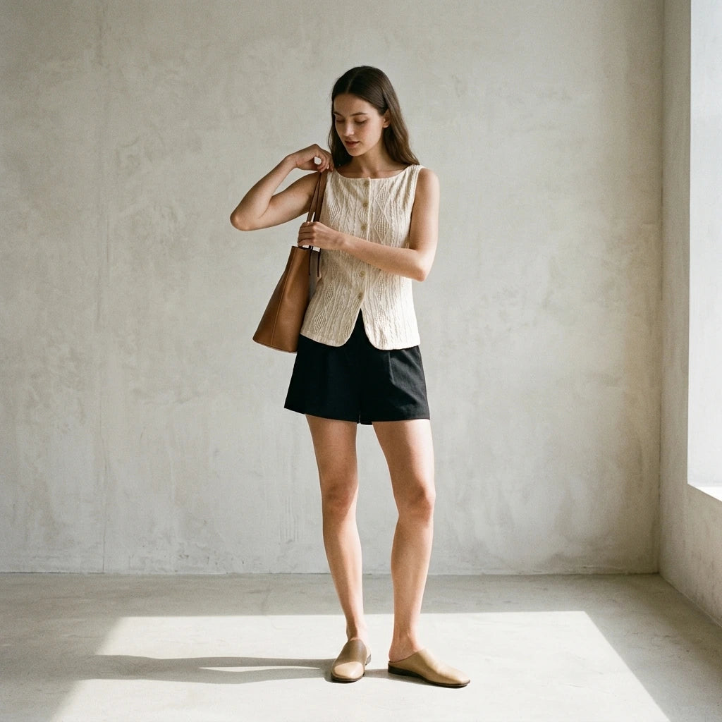 Third natural lifestyle image of a model wearing beige-boat-neck-button-tank-top