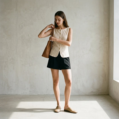 Third natural lifestyle image of a model wearing beige-boat-neck-button-tank-top