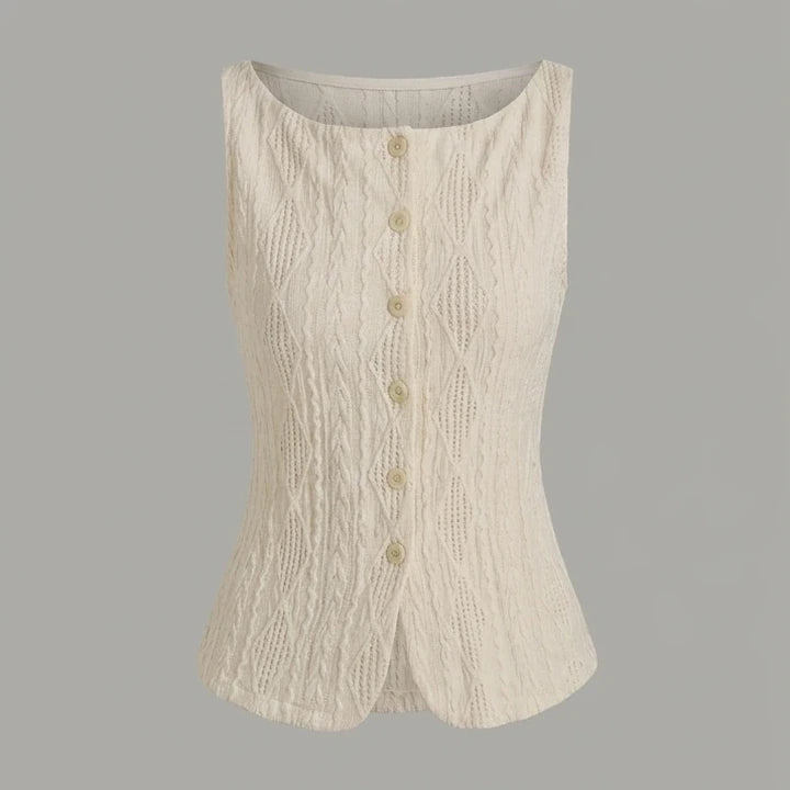 Front product-only image of beige-boat-neck-button-tank-top
