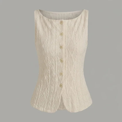 Front product-only image of beige-boat-neck-button-tank-top