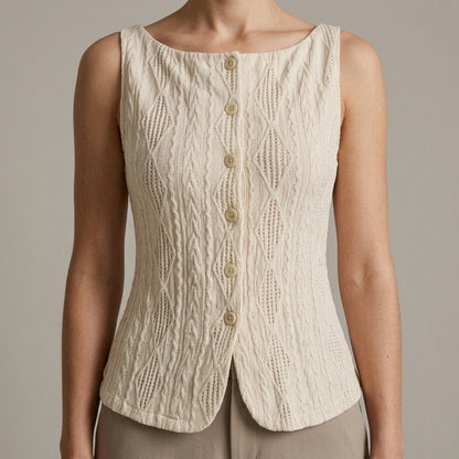 Model wearing beige-boat-neck-button-tank-top with close focus on the product