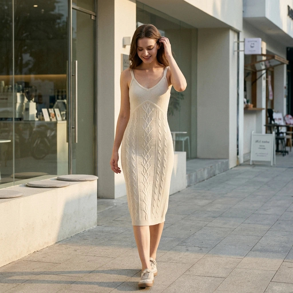 Natural lifestyle image of a model wearing beige-bodycon-slip-sweater-dress