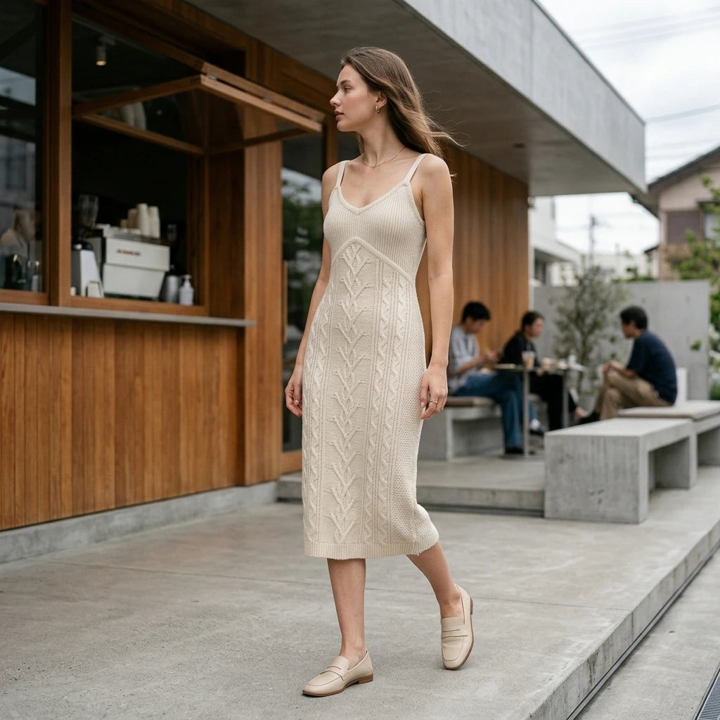 Second natural lifestyle image of a model wearing beige-bodycon-slip-sweater-dress