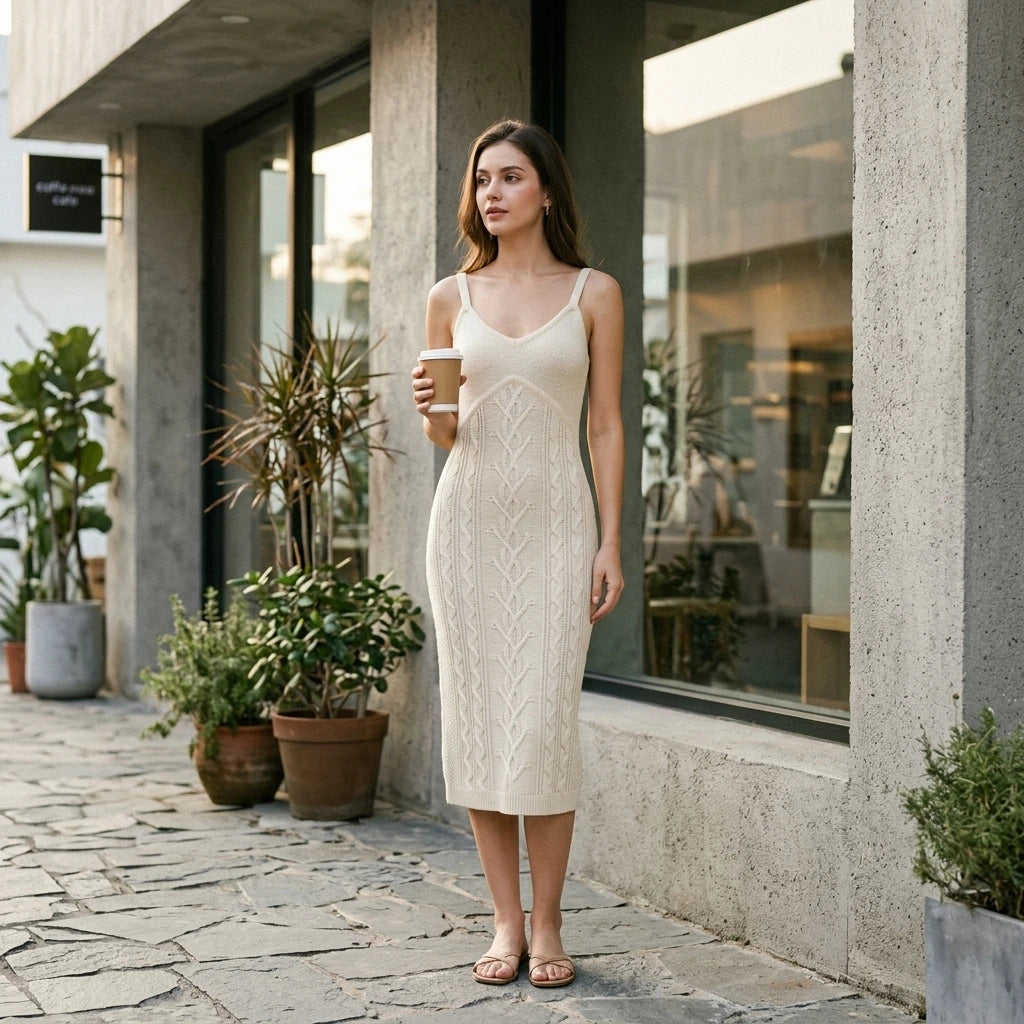 Third natural lifestyle image of a model wearing beige-bodycon-slip-sweater-dress