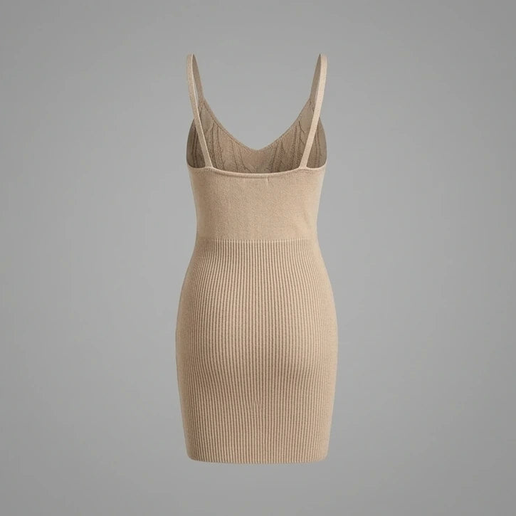 Back product-only image of beige-bodycon-slip-sweater-dress