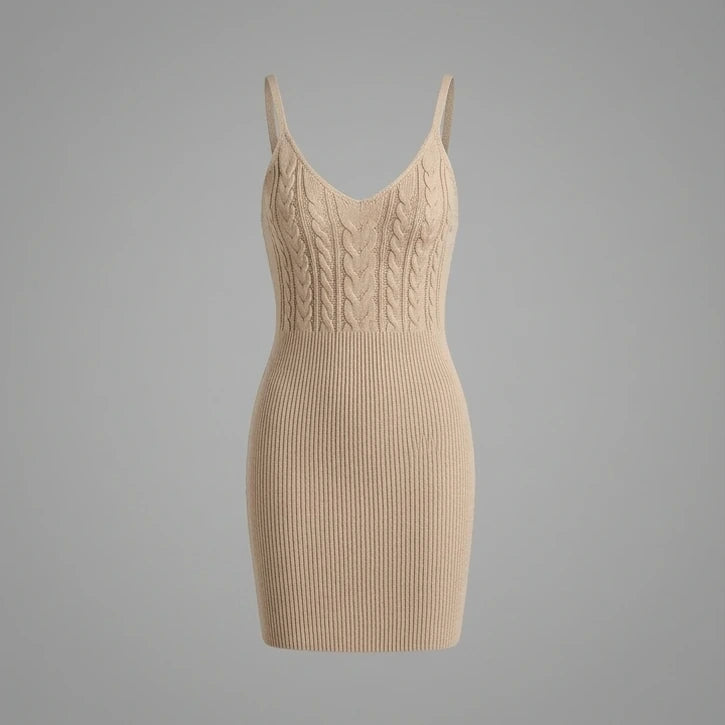 Front product-only image of beige-bodycon-slip-sweater-dress