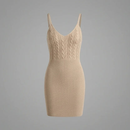Front product-only image of beige-bodycon-slip-sweater-dress