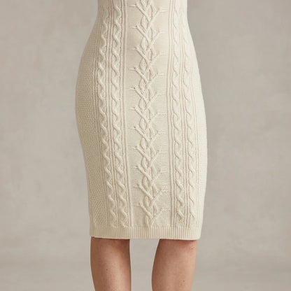 Model wearing beige-bodycon-slip-sweater-dress with close focus on the product