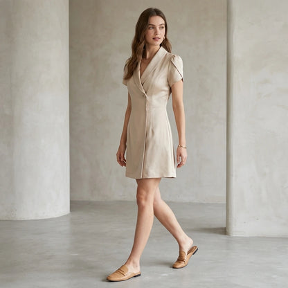 Second natural lifestyle image of a model wearing beige-collar-button-satin-mini-dress