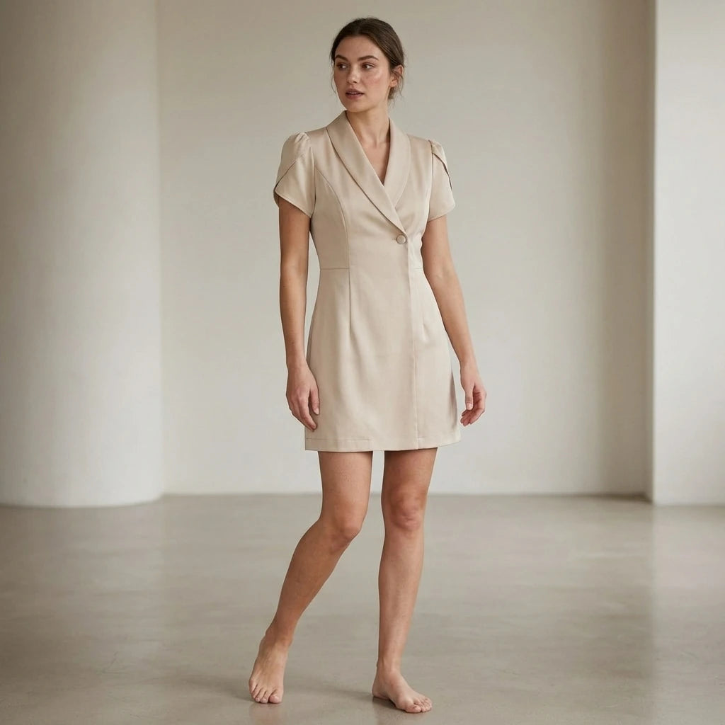 Third natural lifestyle image of a model wearing beige-collar-button-satin-mini-dress