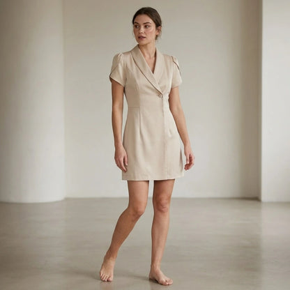 Third natural lifestyle image of a model wearing beige-collar-button-satin-mini-dress