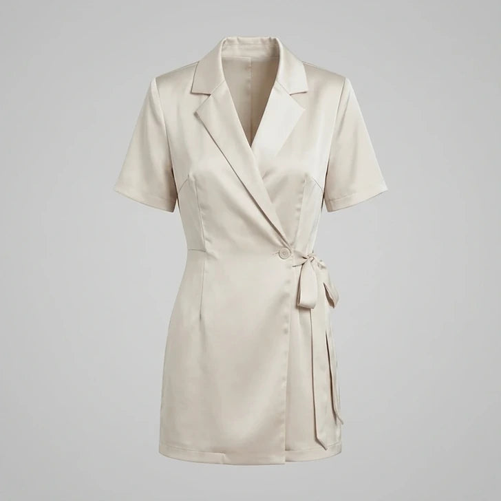 Front product-only image of beige-collar-button-satin-mini-dress