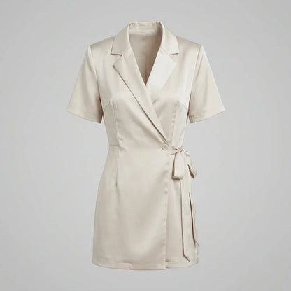 Front product-only image of beige-collar-button-satin-mini-dress
