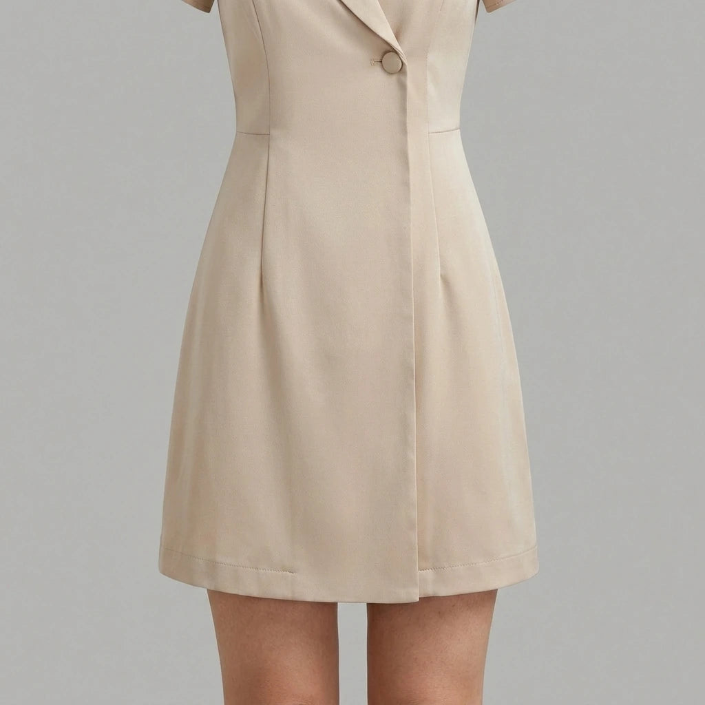 Model wearing beige-collar-button-satin-mini-dress with close focus on the product