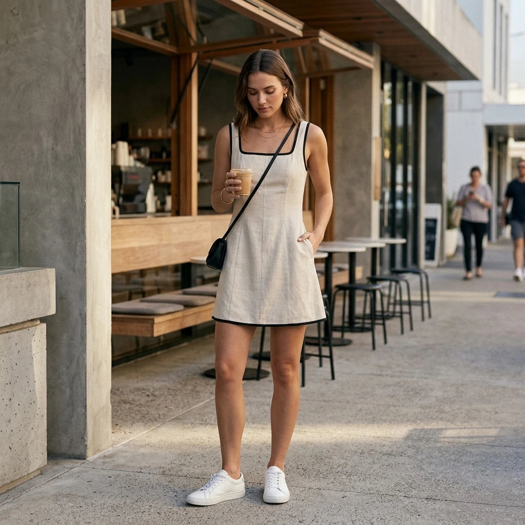 Natural lifestyle image of a model wearing Beige Contrasting A-Line Sleeveless Mini Dress