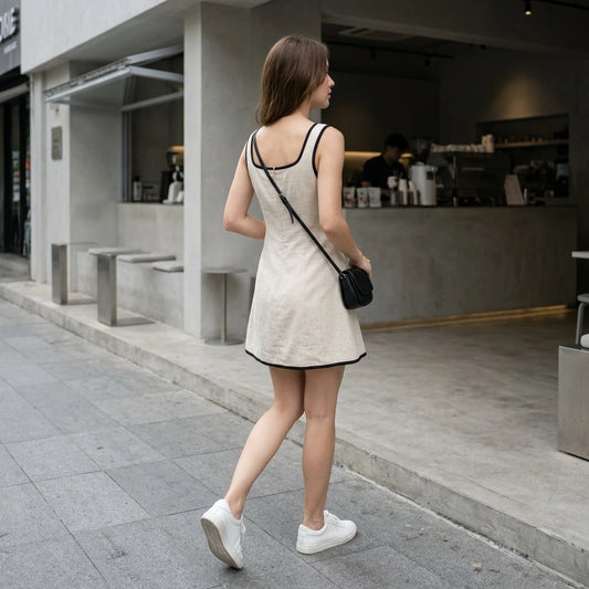 Third natural lifestyle image of a model wearing Beige Contrasting A-Line Sleeveless Mini Dress
