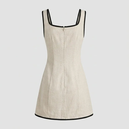 Back product-only image of Beige Contrasting A-Line Sleeveless Mini Dress