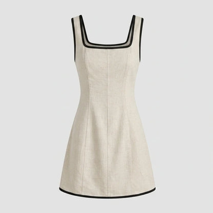 Front product-only image of Beige Contrasting A-Line Sleeveless Mini Dress