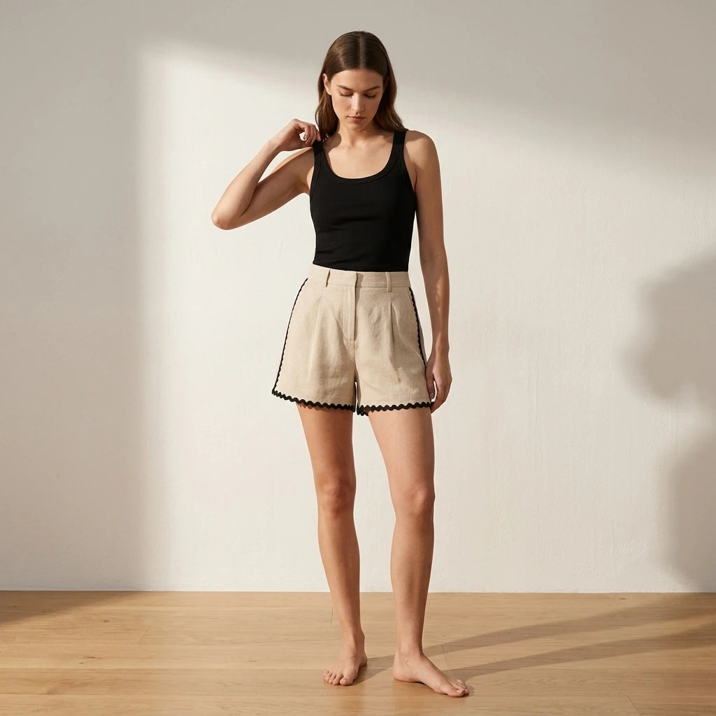 Natural lifestyle image of a model wearing beige-contrasting-button-shorts